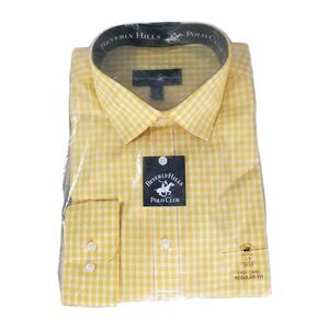 Beverly Hills Polo Club Long-Slve Dress Shirt Classic Yellow Wht Gingham checker
